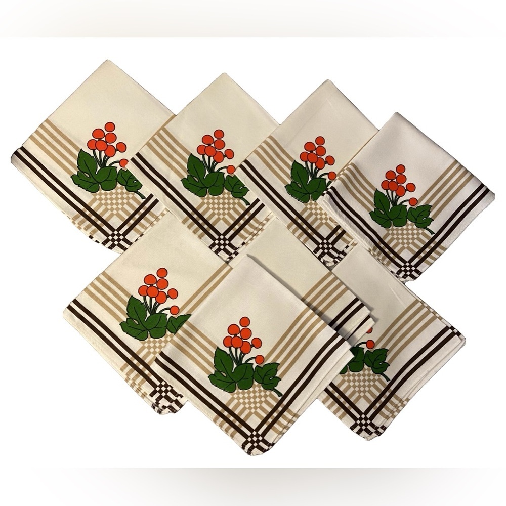 Vintage Cloth Napkins 8 14” Square Brown Striped Cherry 🍒 Print New Never Used